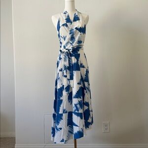 Equipment Blue and White Silk Halter Backless Dress